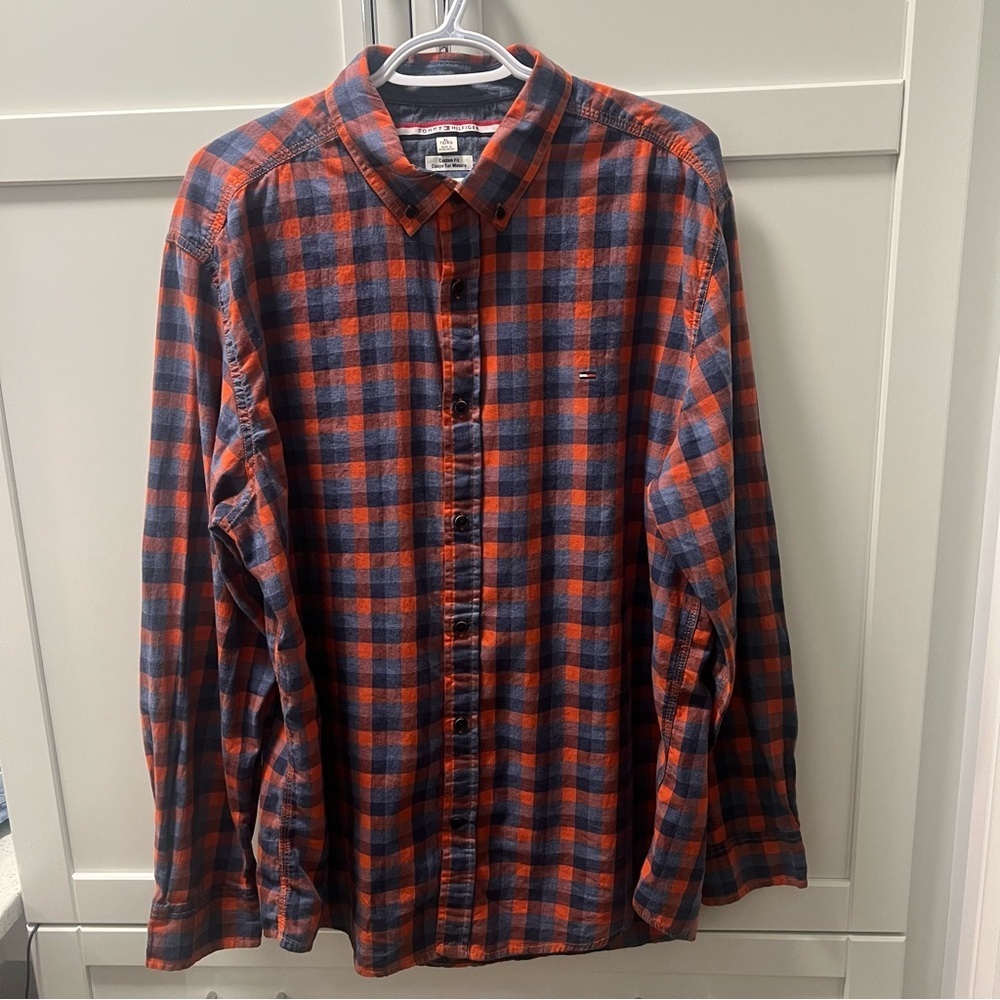 TOMMY HILFIGER Checkered Shirt - Custom Fit - Blue and Orange Mens Size XL